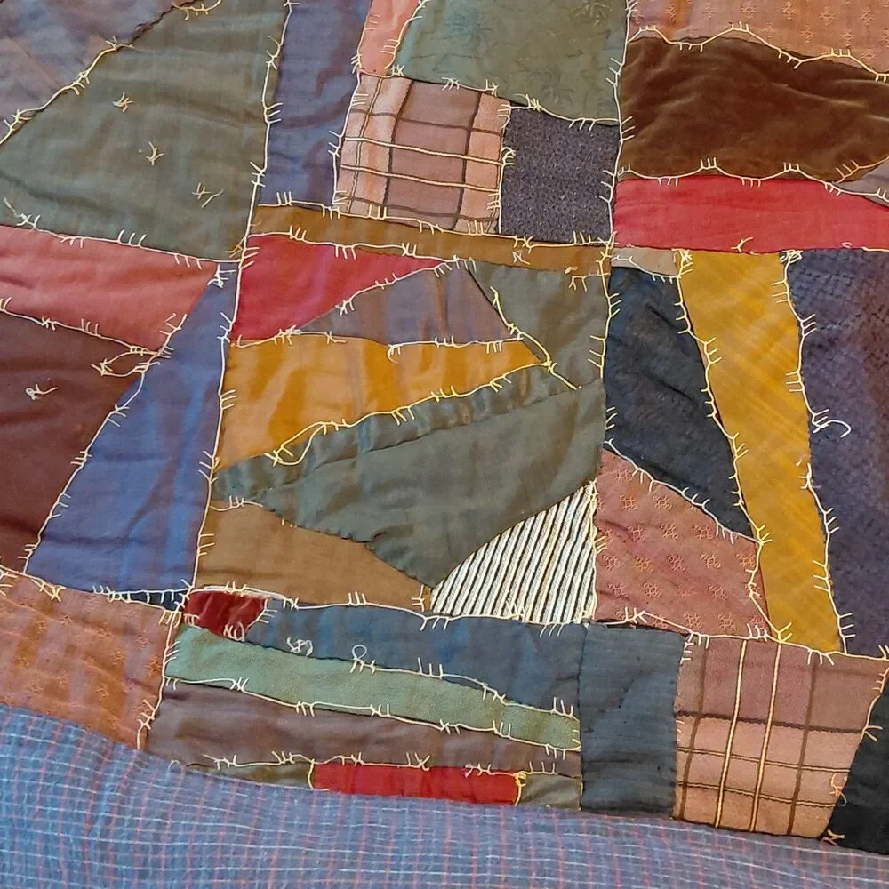 Vtg Handmade Crazy Quilt Early 20th Century Velvet Satins Heavy 78x74 Read